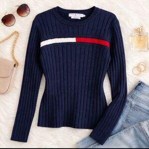 Vtg Tommy Hilfiger Women's Cable Knit Sweater Red White Navy Size Large